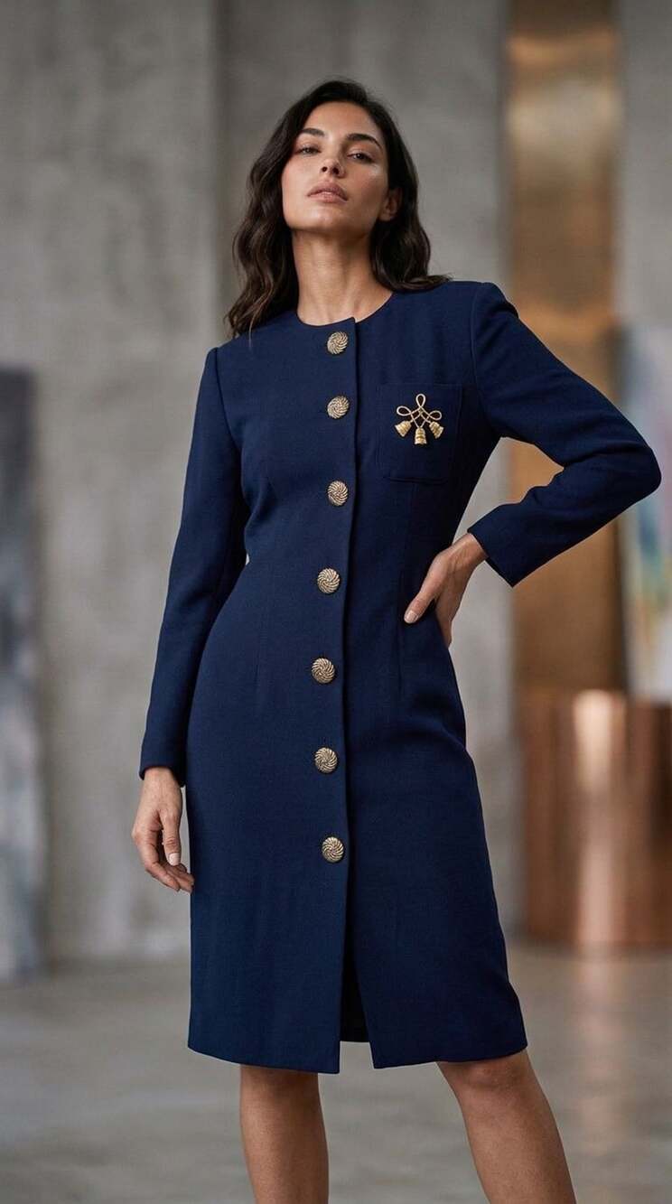 Positive Attitude Navy Long Sleeve Button Front Dress